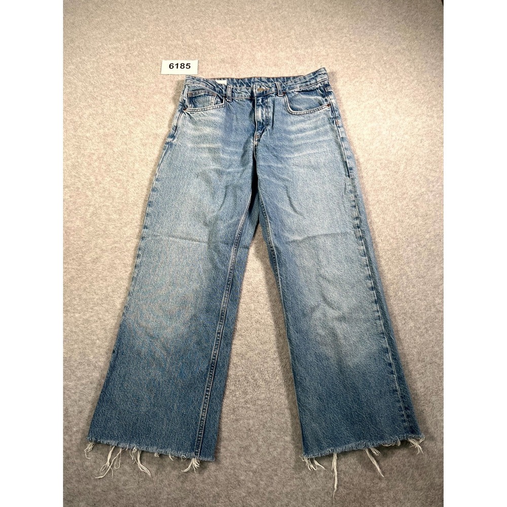 Zara Jeans Womens 8 Blue Denim Medium Wash Wide Leg Raw‎ Hem Casual Streetwear